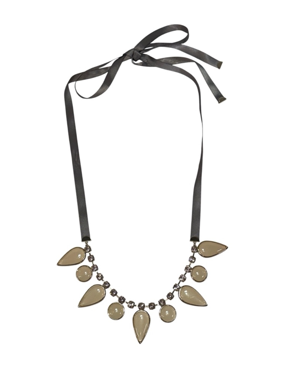 Fossil Statement Necklace Adjustable Ribbon Tie Rhinestone Cream Stone Pendant